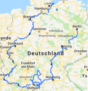 The routes I cycled during my bike trip on a map of Germany